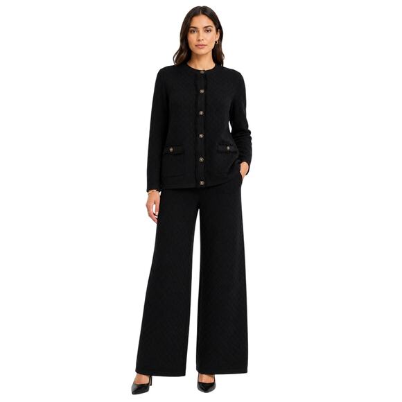 Carolina Herrera Other - Carolina Herrera Quilted Knit Cardigan & Wide Leg Pants Set Black Size S/L